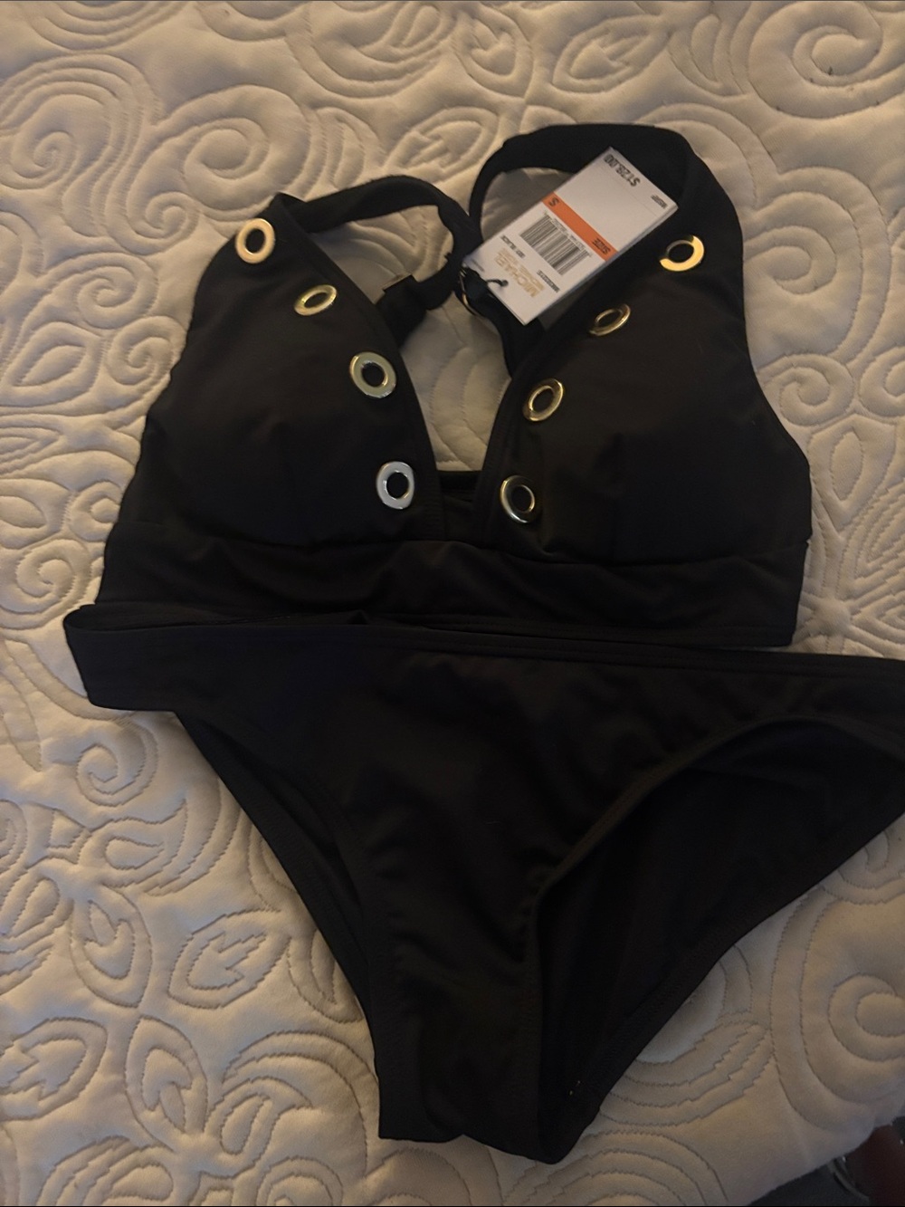Michael Kors Black Halter Bikini with Gold Grommet Accents